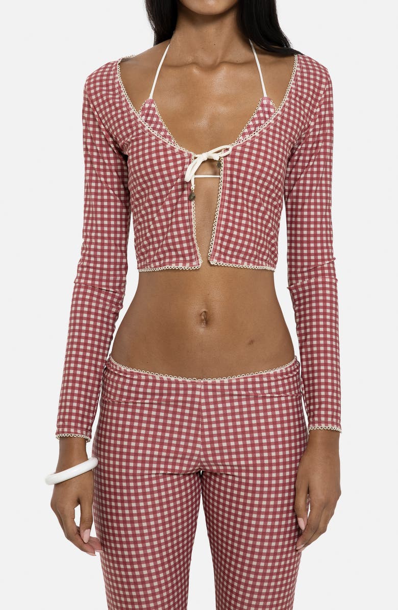 JADED LONDON Gingham Tie Front Picot Trim Crop Cardigan, Main, color, Red
