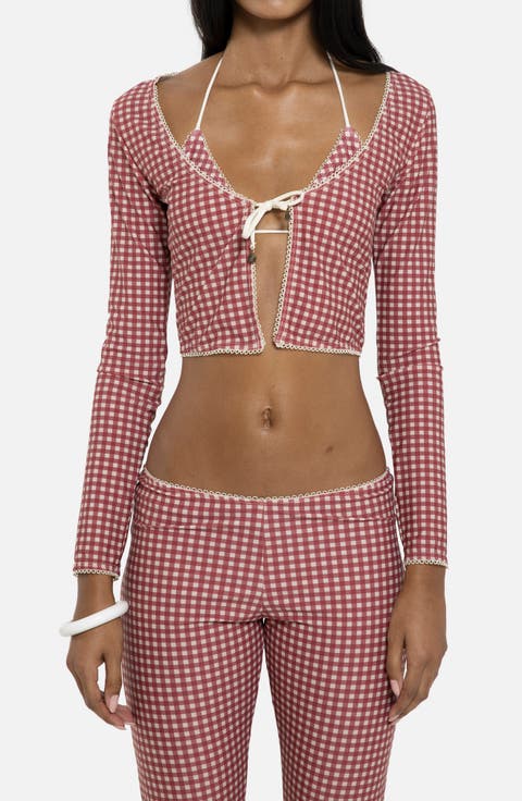 Gingham Tie Front Picot Trim Crop Cardigan
