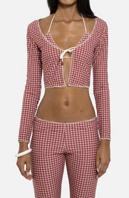 JADED LONDON Gingham Tie Front Picot Trim Crop Cardigan
