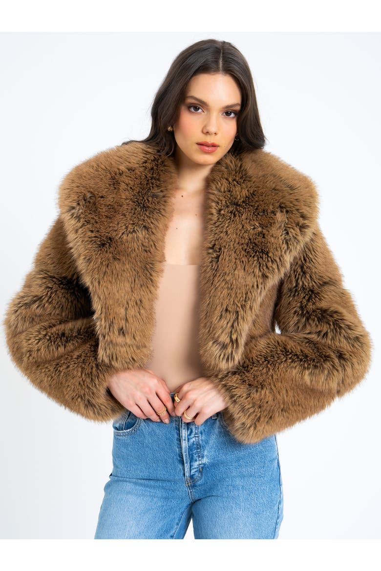 Yadavi Plush Vegan Faux Fur Cropped Jacket, Alternate, color, Brown