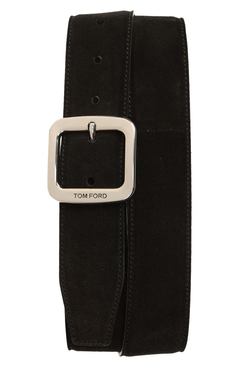 TOM FORD Square Buckle Suede Belt, Main, color, Black
