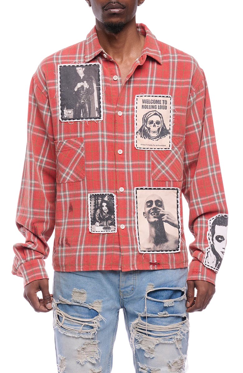 Rolling Loud Anarchy Plaid Cotton Flannel Button-Up Shirt Jacket, Main, color, Red