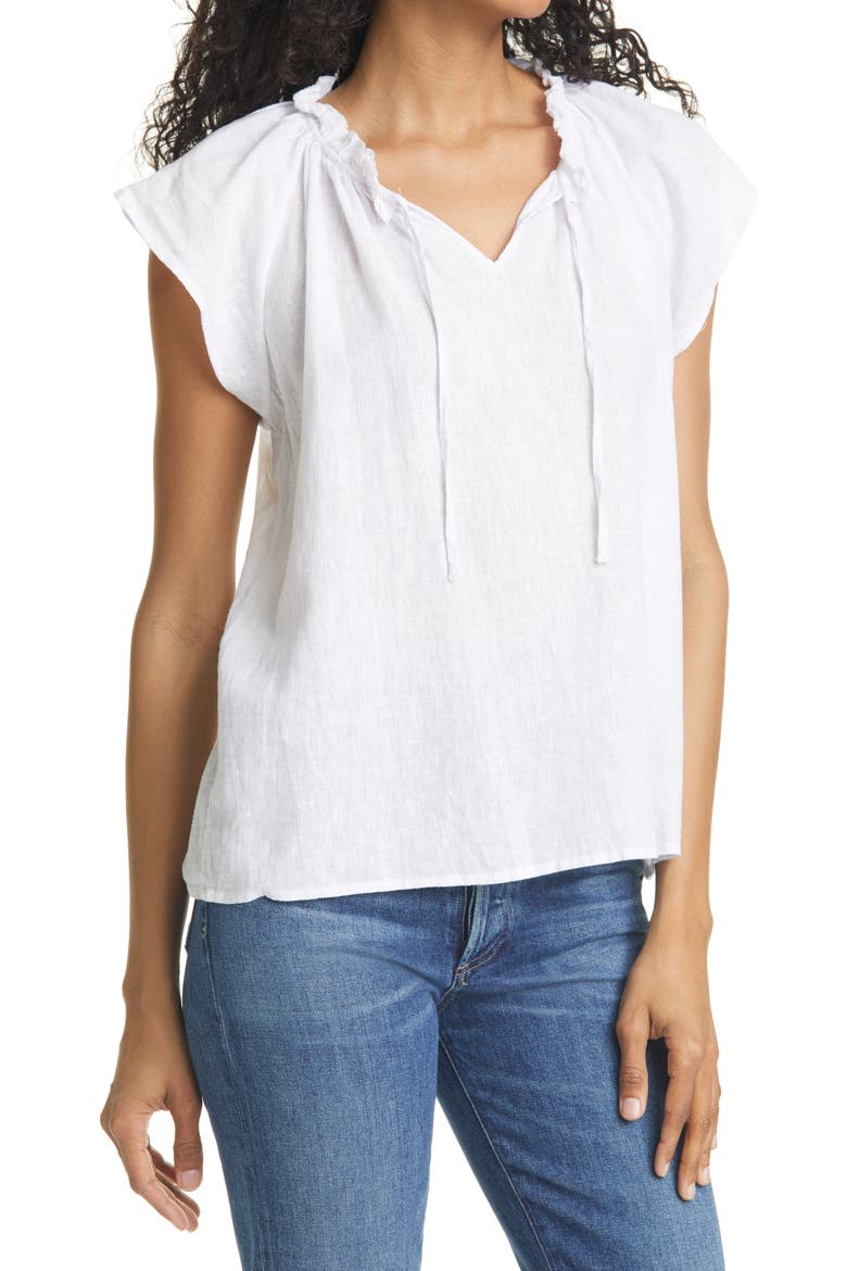 Raven Short Sleeve Linen Blend Peasant Blouse, Alternate, color, WHITE