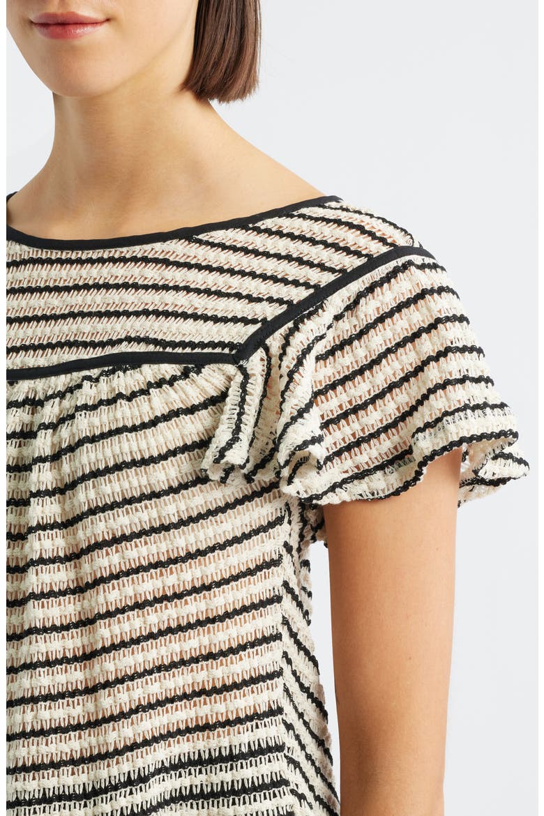 Ruffle Open Stitch Short Sleeve Sweater, Alternate, color, CREAM/ BLACK