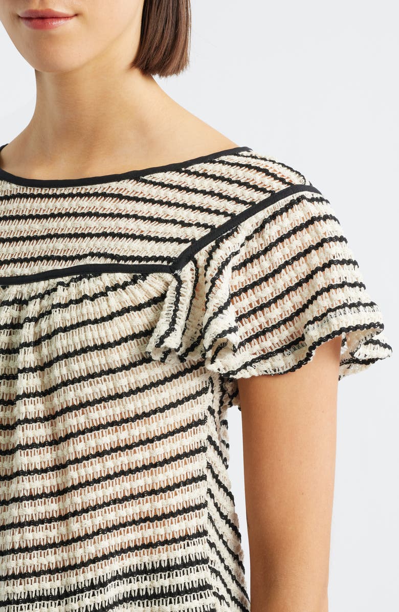 Bobeau Ruffle Open Stitch Short Sleeve Sweater, Alternate, color, Cream/ Black