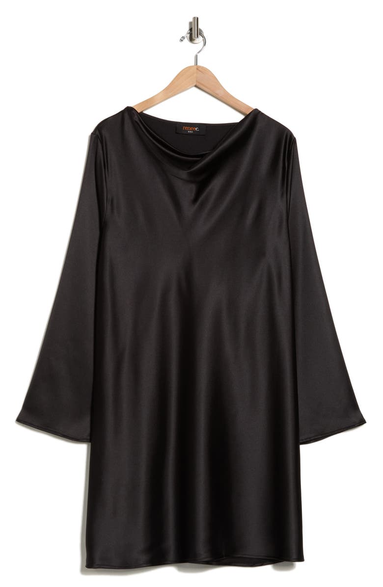 Renee C Cowl Neck Long Sleeve Satin Minidress, Alternate, color, Black