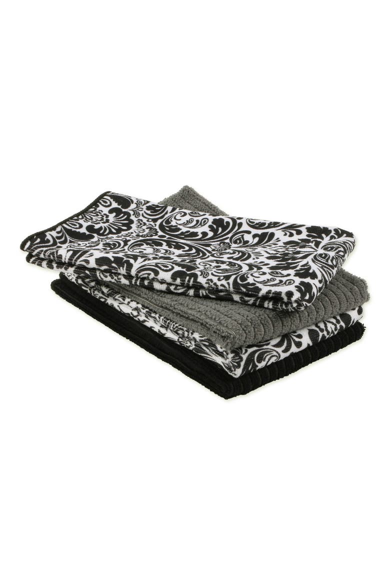 Black Damask Microfiber Dishtowel Set/4, Main, color, Black