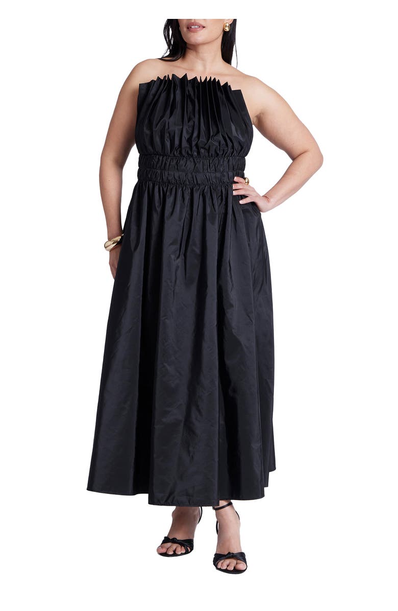 ELOQUII Pleated Ruffle Neckline Midi Dress, Main, color, Black Onyx
