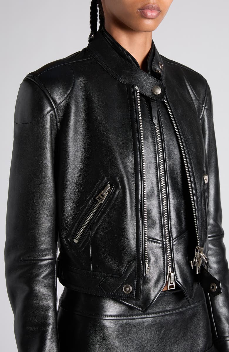TOM FORD Glossy Plongé Lambskin Leather Zip Jacket, Alternate, color, Lb999 Black