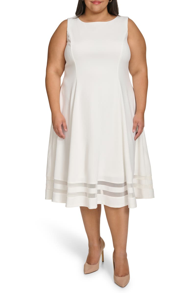 Calvin Klein Mesh Panel Fit & Flare Midi Dress, Main, color, Cream
