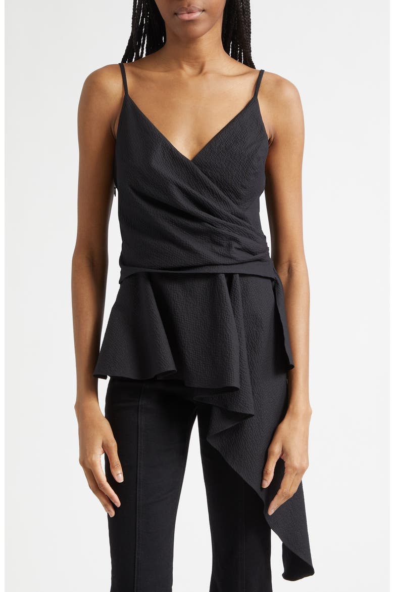 Solange Faux Wrap Asymmetric Hem Peplum Top, Main, color, BLACK