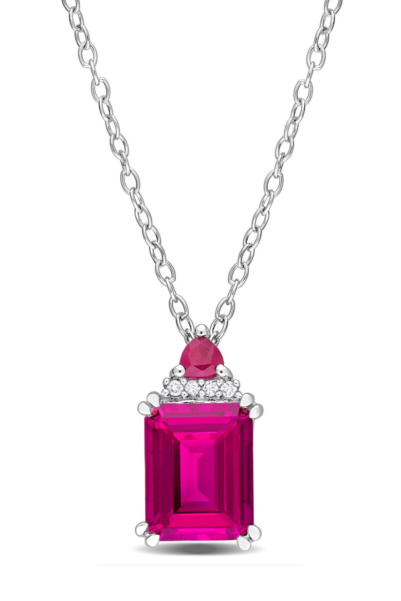 Sterling Silver Emerald Cut Pink Topaz & Diamond Pendant Necklace, Main, color, PINK