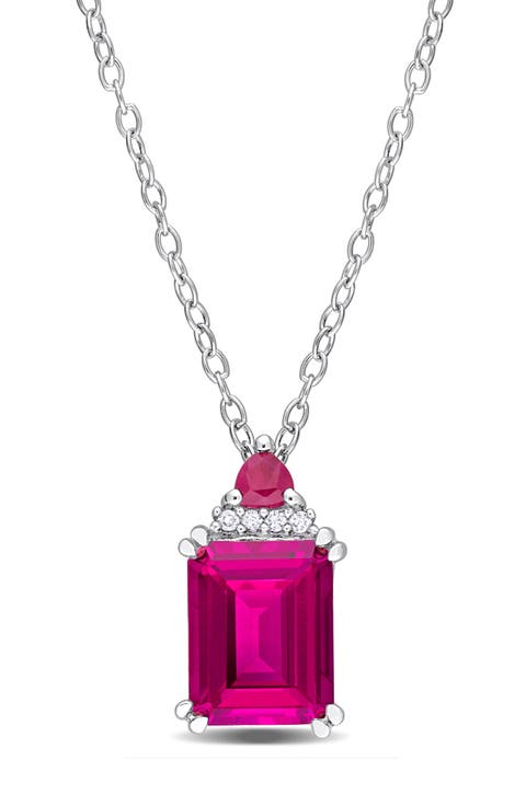 Sterling Silver Emerald Cut Pink Topaz & Diamond Pendant Necklace