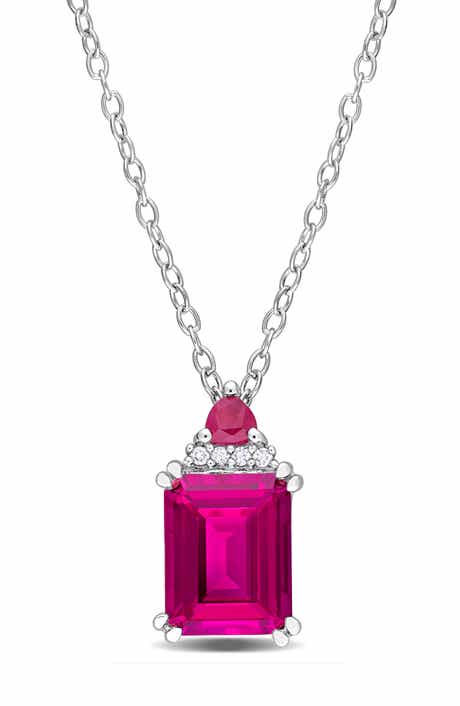 DELMAR Sterling Silver Emerald Cut Pink Topaz & Diamond Pendant Necklace