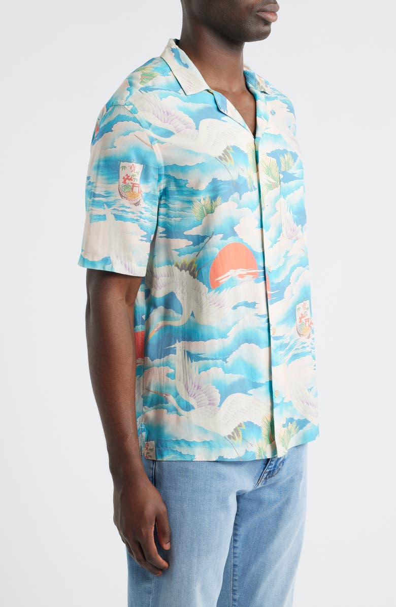 AllSaints Saipan Print Relaxed Fit Cotton Camp Shirt, Alternate, color, Blueberry Blue