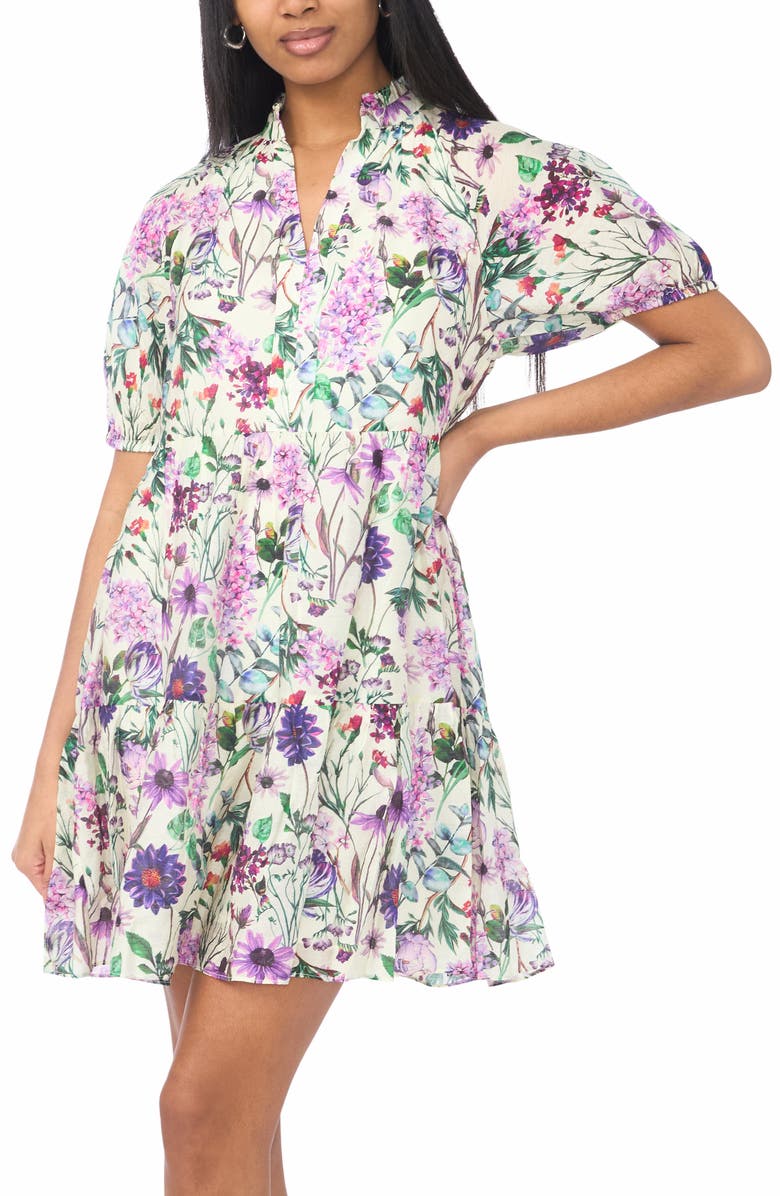 CeCe Puff Sleeve Tiered Babydoll Dress, Alternate, color, Cream/ Multi