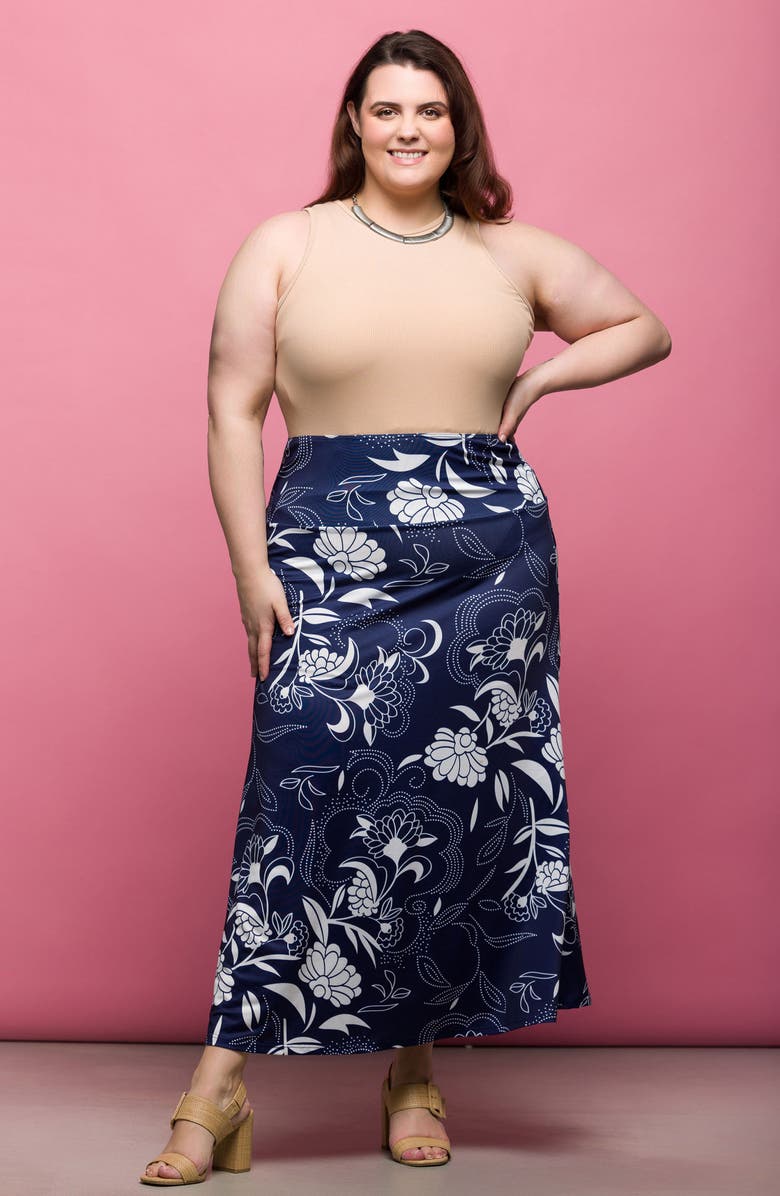 24seven Comfort Apparel Pull-On Maxi Skirt, Alternate, color, Navy Multi