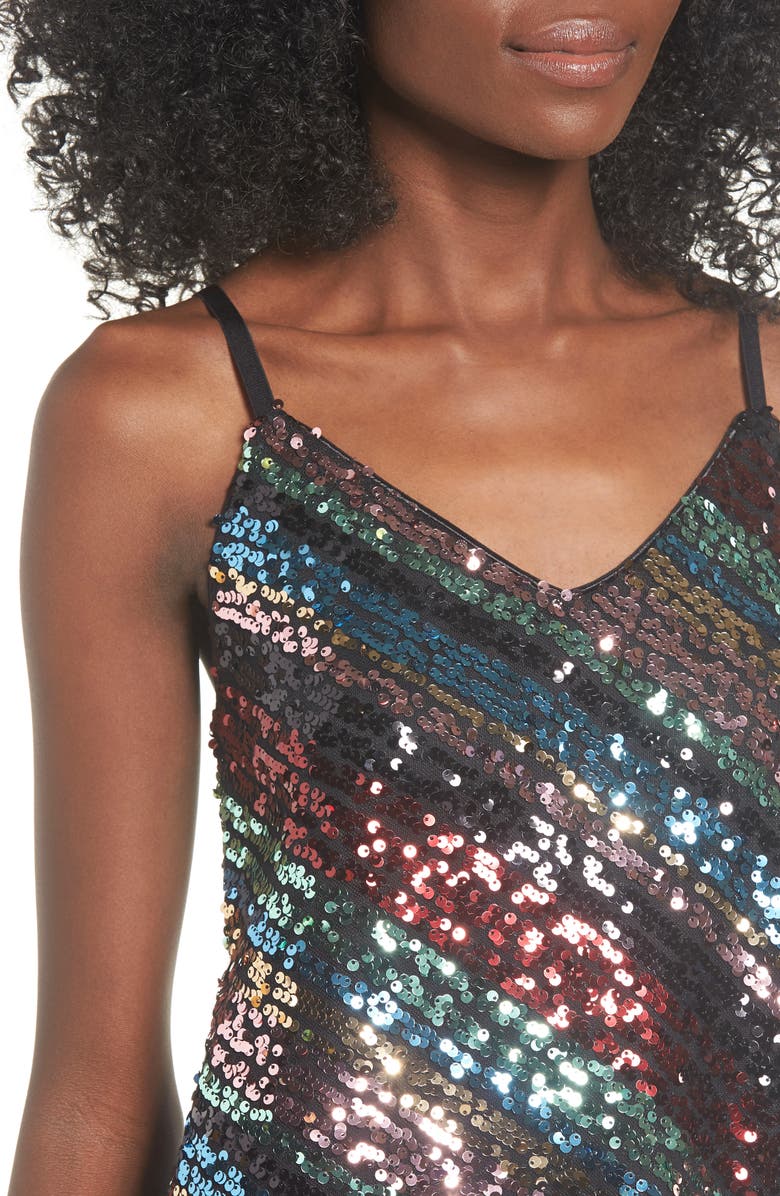 Leith V-Neck Sequin Stripe Minidress, Alternate, color,