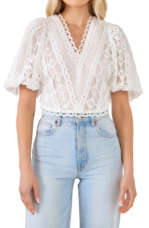 Lace Puff Sleeve Crop Top