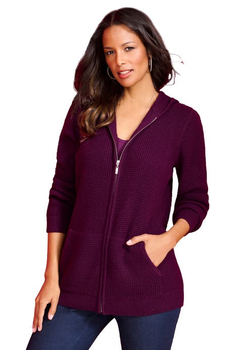 Plus Size Waffle Knit Zip-Front Relaxed Hoodie (Plus)