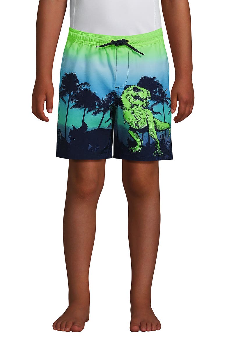 Boys Slim Printed Volley Swim Trunks, Main, color, Navy Sunset Dinosaur