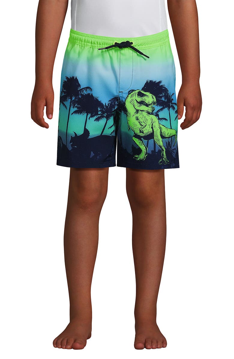 Lands' End Boys Slim Printed Volley Swim Trunks, Main, color, Navy Sunset Dinosaur