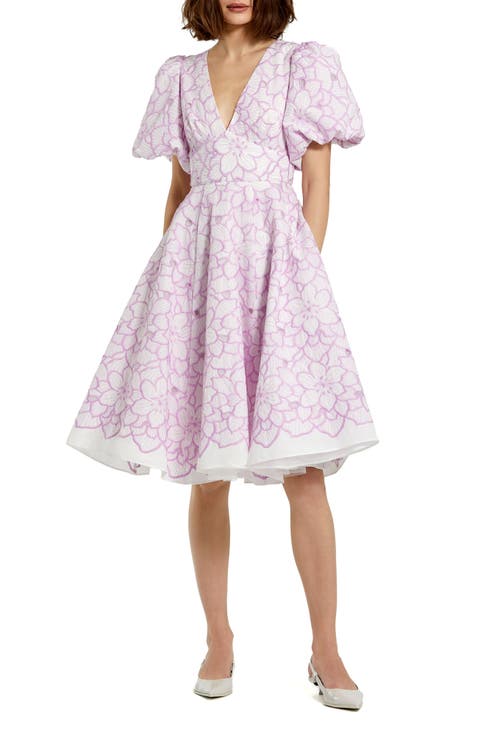 Puff Sleeves Embroidered V Neckline Floral Dress