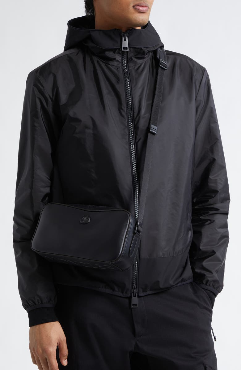 Moncler Carlo Leather Crossbody Bag, Alternate, color, Black