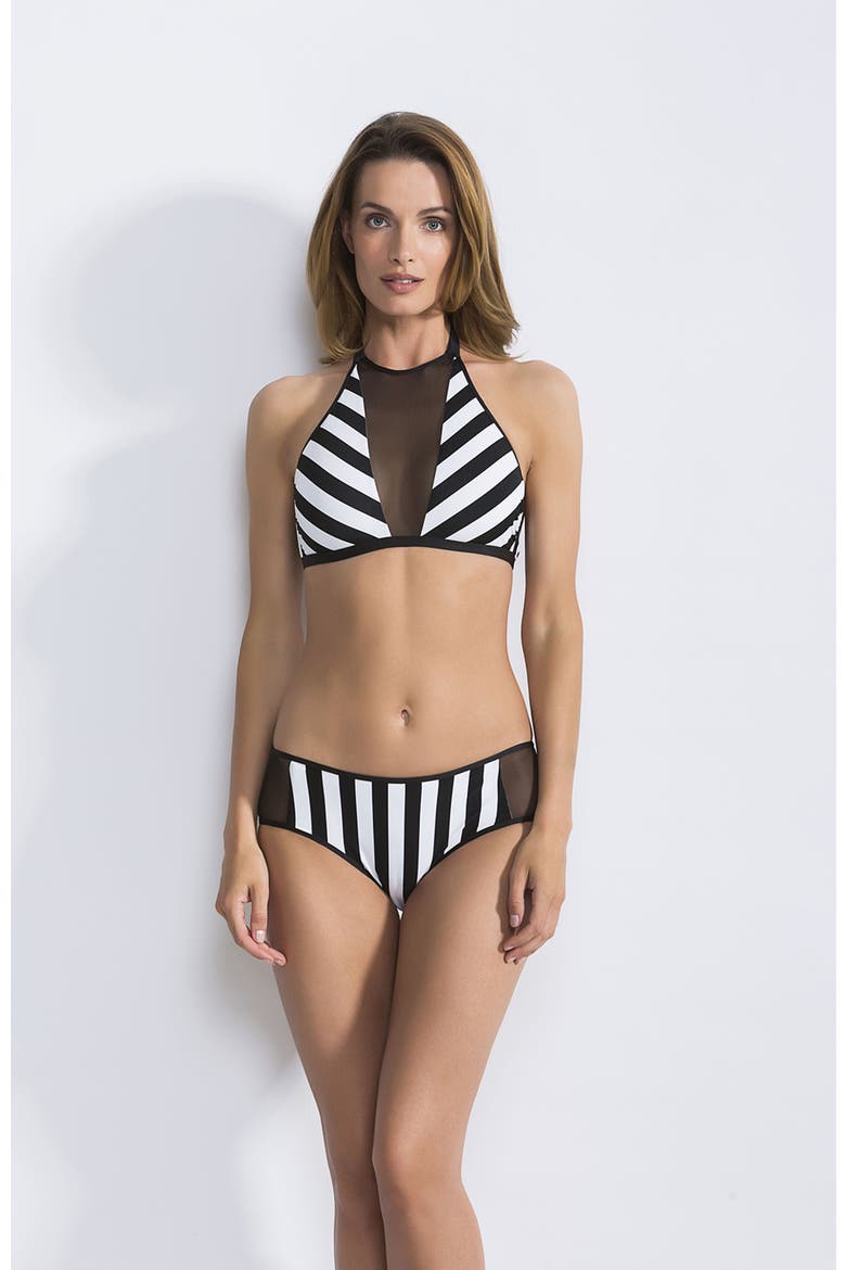 Striped High-Neck Bikini with Sheer Mesh Insets Bikini Set, Main, color, Black-White