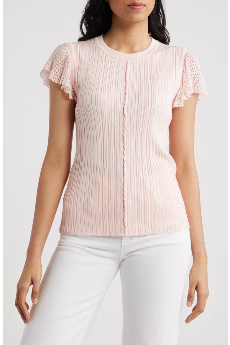Pointelle Flutter Sleeve Sweater, Main, color, ANGEL PINK