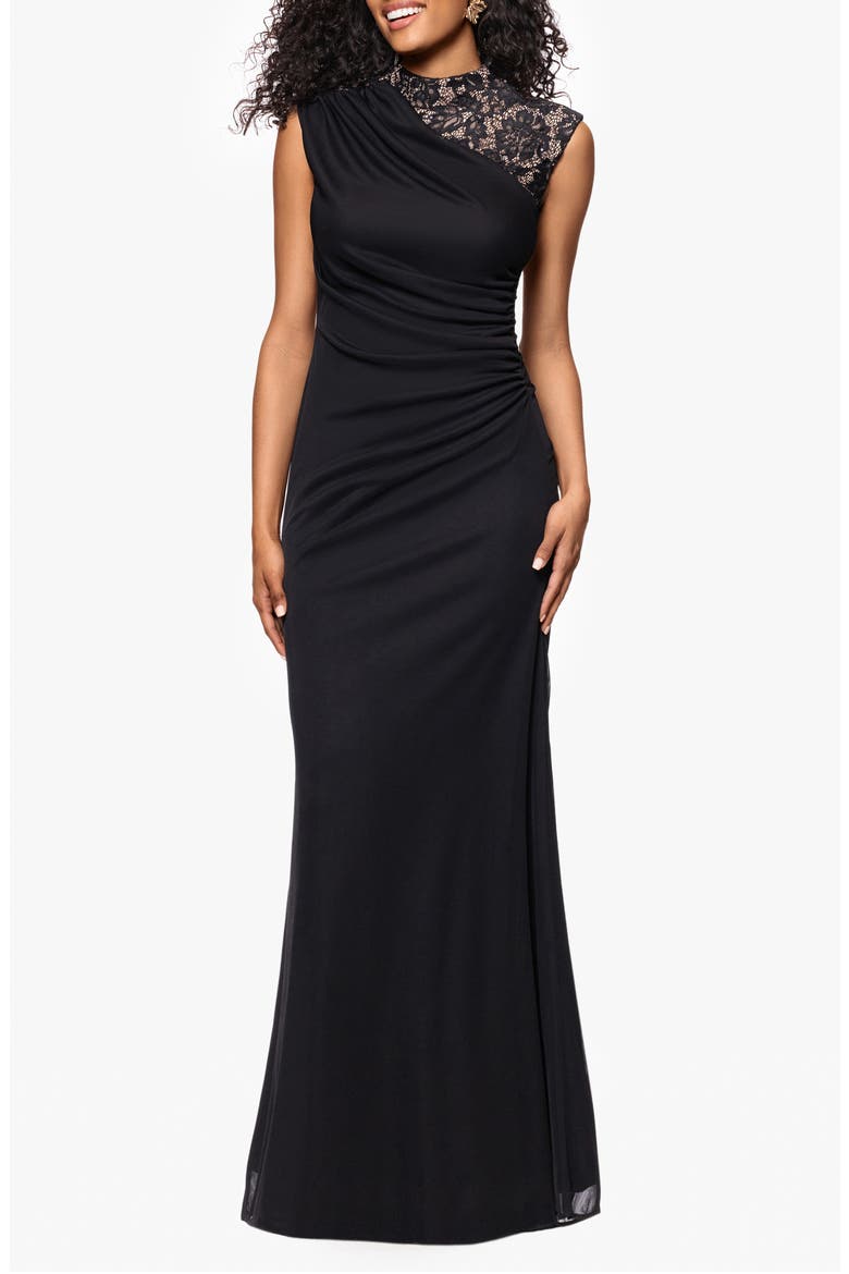 Lace Trim Asymmetric Ruched Gown, Main, color, BLACK/ NUDE
