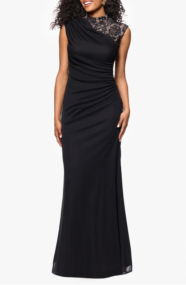 Betsy & Adam Lace Trim Asymmetric Ruched Gown, Main, color,