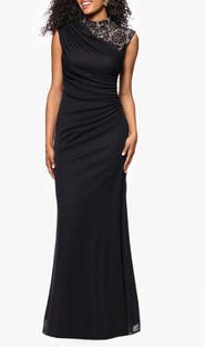 Betsy & Adam Lace Trim Asymmetric Ruched Gown