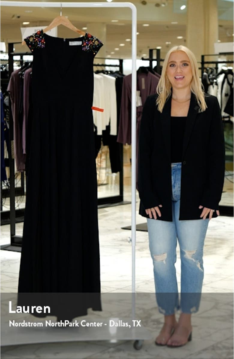 Plunge Neck Empire Waist Beaded Shoulder Gown, sales video thumbnail