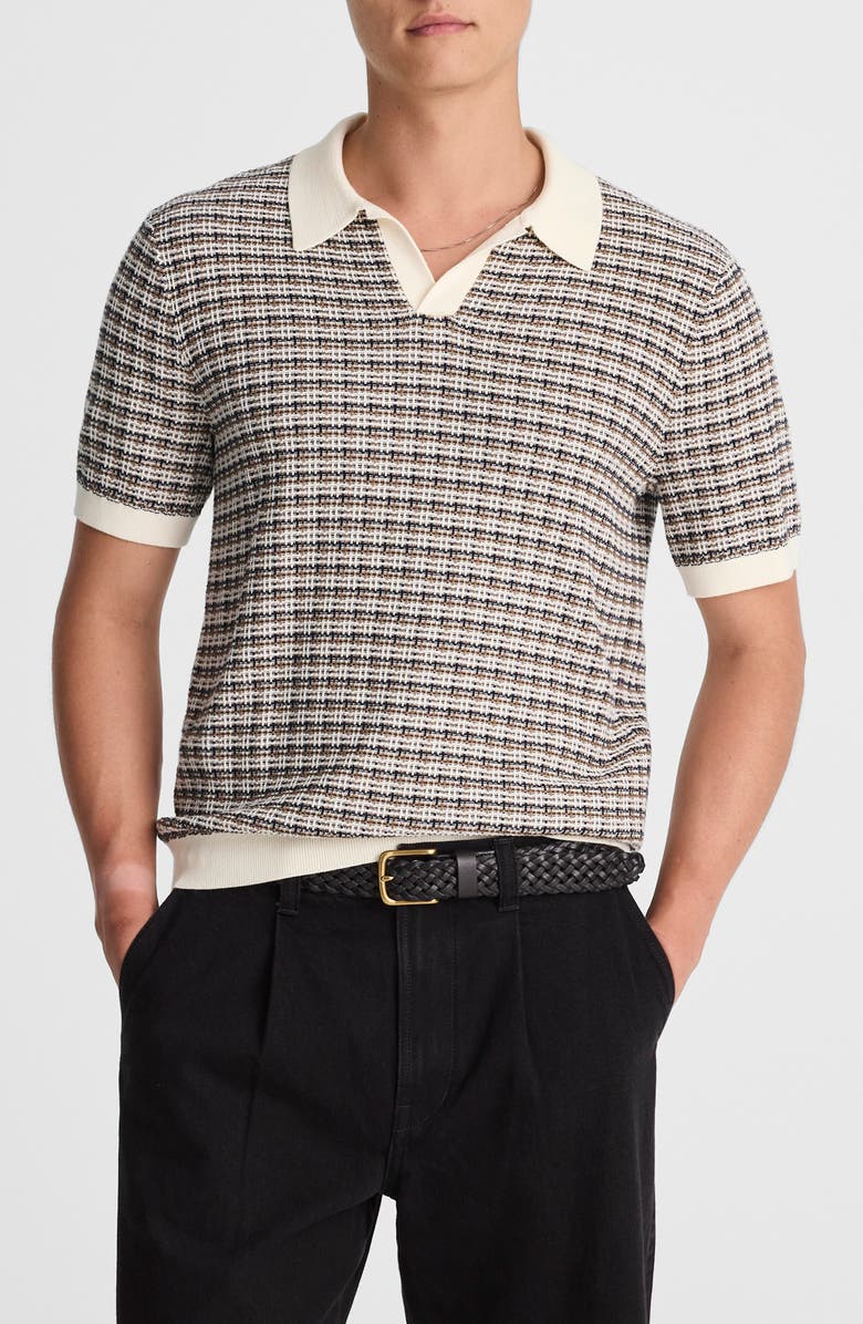 Madewell Plaid Johnny Collar Polo Sweater, Main, color, Vintage Ivory