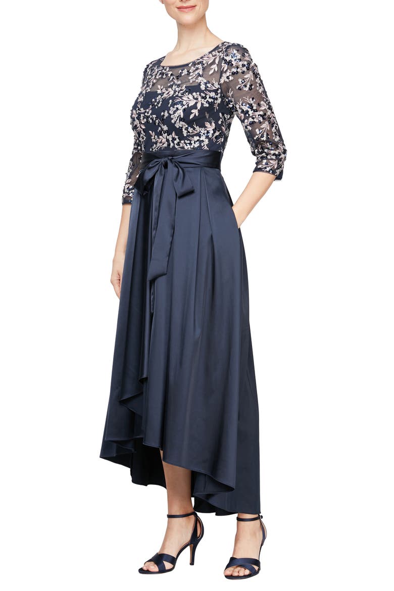 Embroidered Beaded High-Low Gown, Main, color, NAVY/ PINK