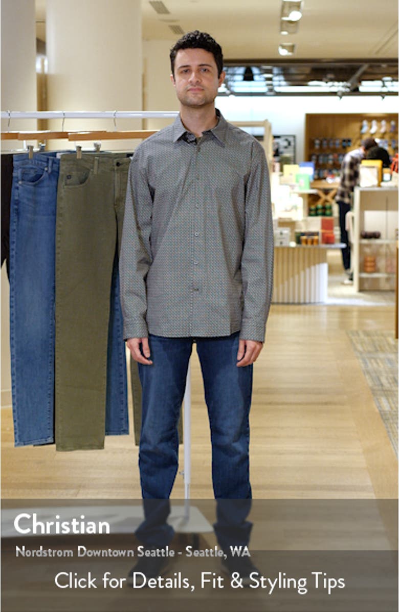 Oakley Trim Fit Microgeometric Print Stretch Cotton Button-Up Shirt, sales video thumbnail