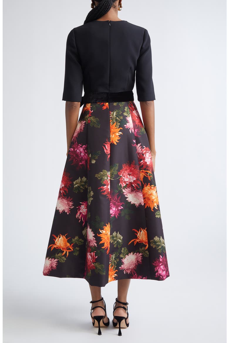 Chrysanthemum Print Crepe, Velvet & Faille Fit & Flare Midi Dress, Alternate, color, BLACK MULTI