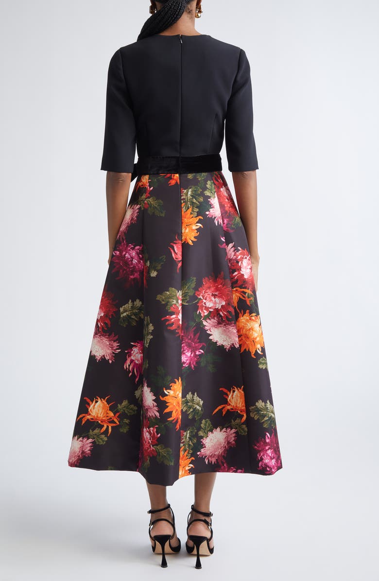 Carolina Herrera Chrysanthemum Print Crepe, Velvet & Faille Fit & Flare Midi Dress, Alternate, color, Black Multi