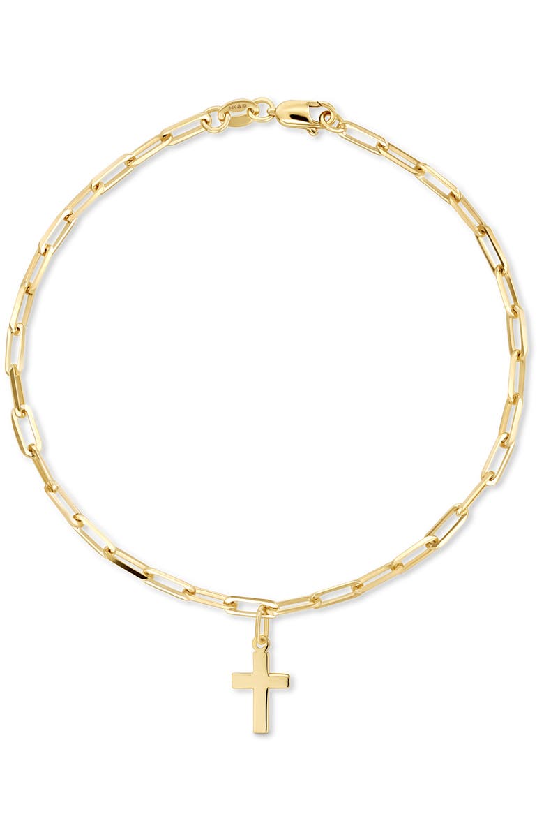 DEVATA Cross Charm with Paperclip Chain Bracelet in 14K Gold, 7.5", Main, color, Yellow Gold