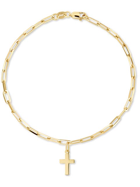 Cross Charm with Paperclip Chain Bracelet in 14K Gold, 7.5"