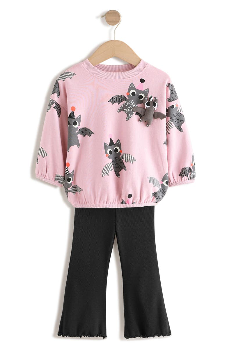 NEXT Kids' Bat Print Graphic Sweatshirt & Flare Leggings Set, Main, color, Pink