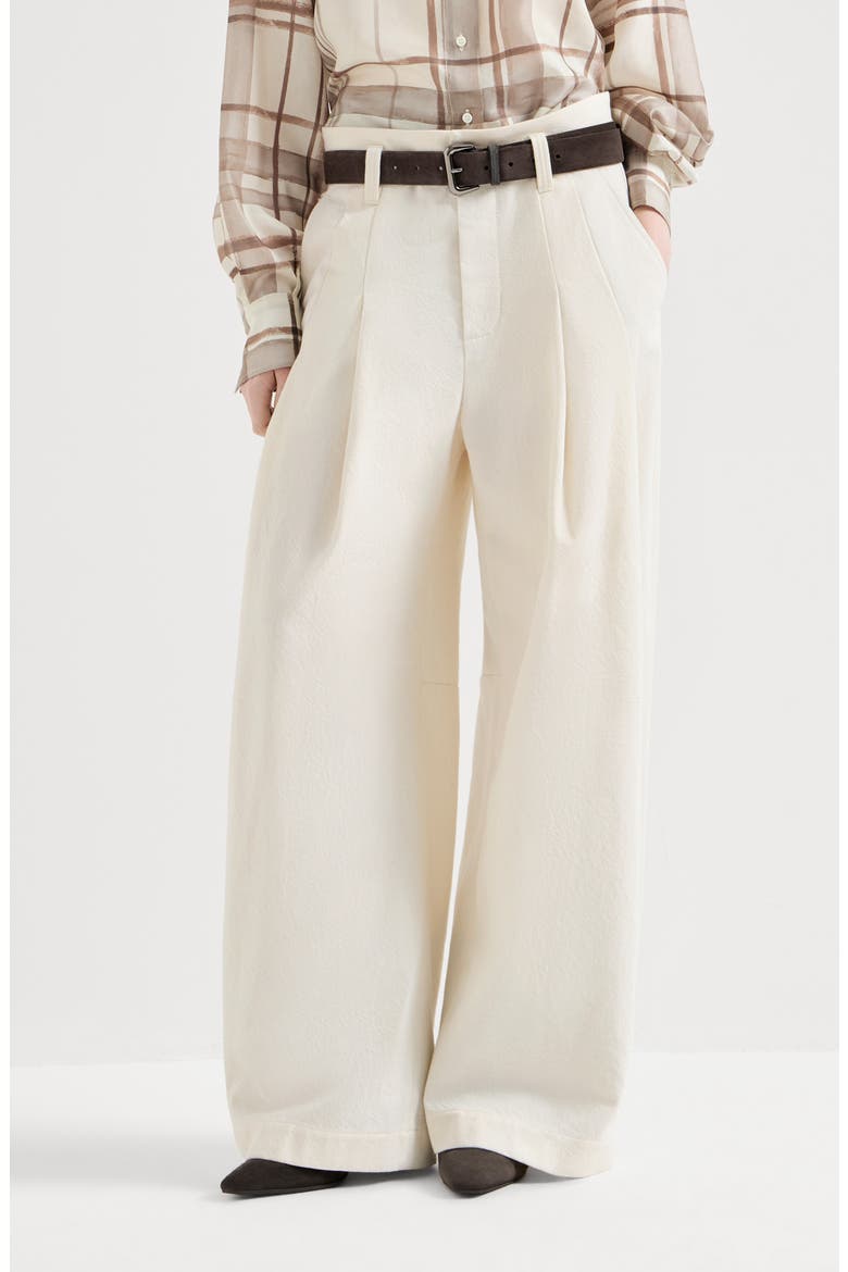 Dyed cotton and wool wrinkled denim five-pocket baggy trousers with monili, Main, color, Panama