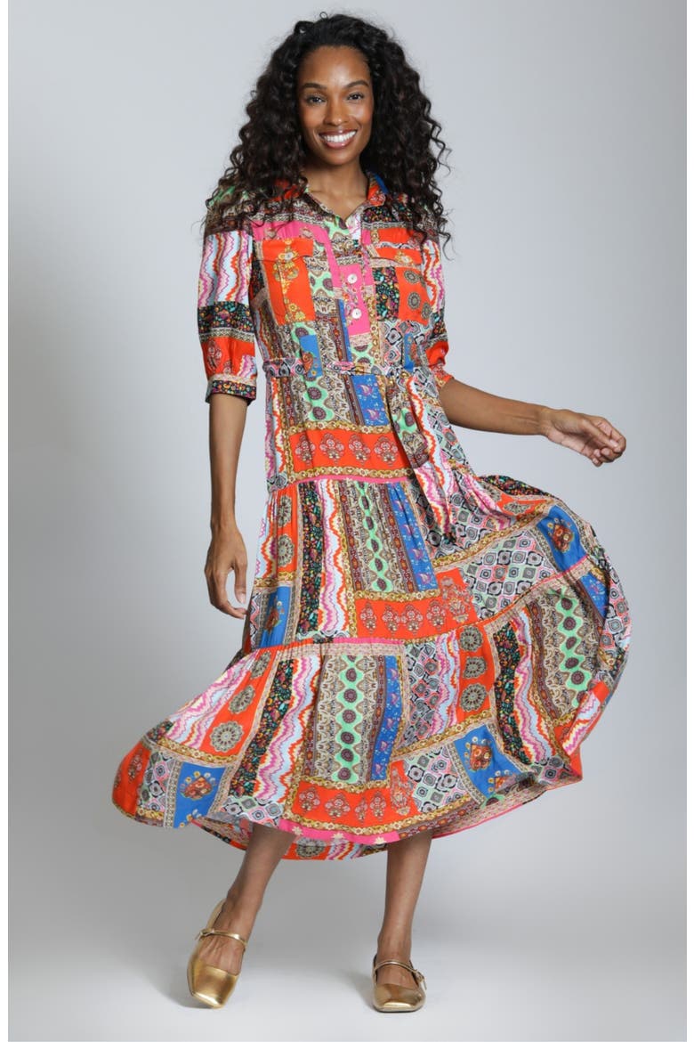 Patchwork Print Long Sleeve Shirtdress, Alternate, color, HOT CORAL MULTI