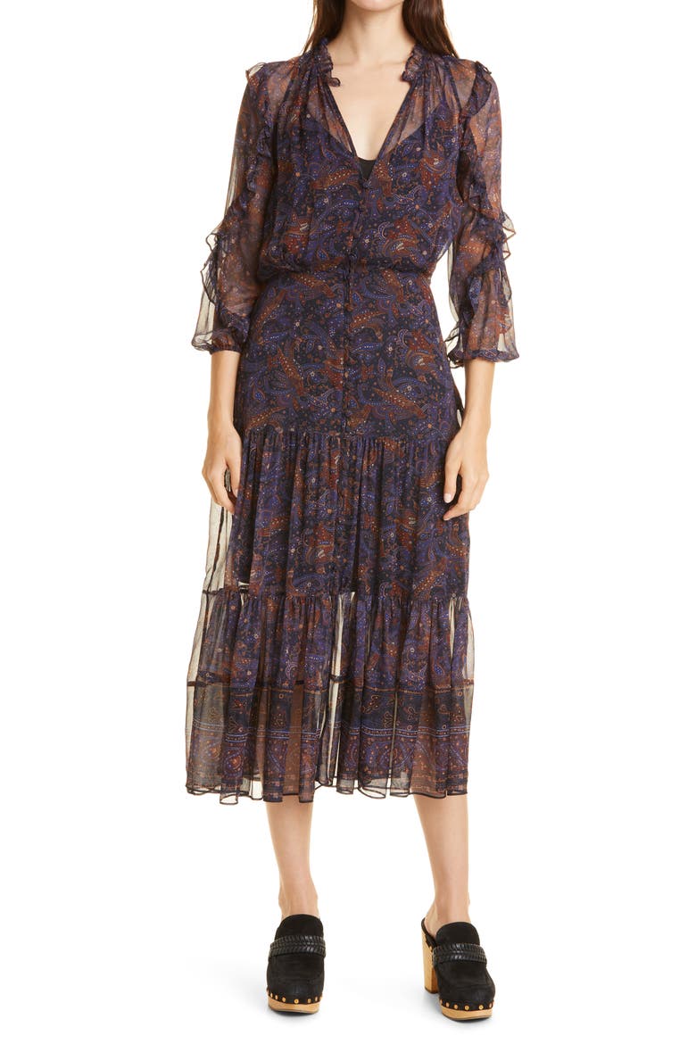 Sabina Silk Midi Dress, Main, color, BLACK MULTI