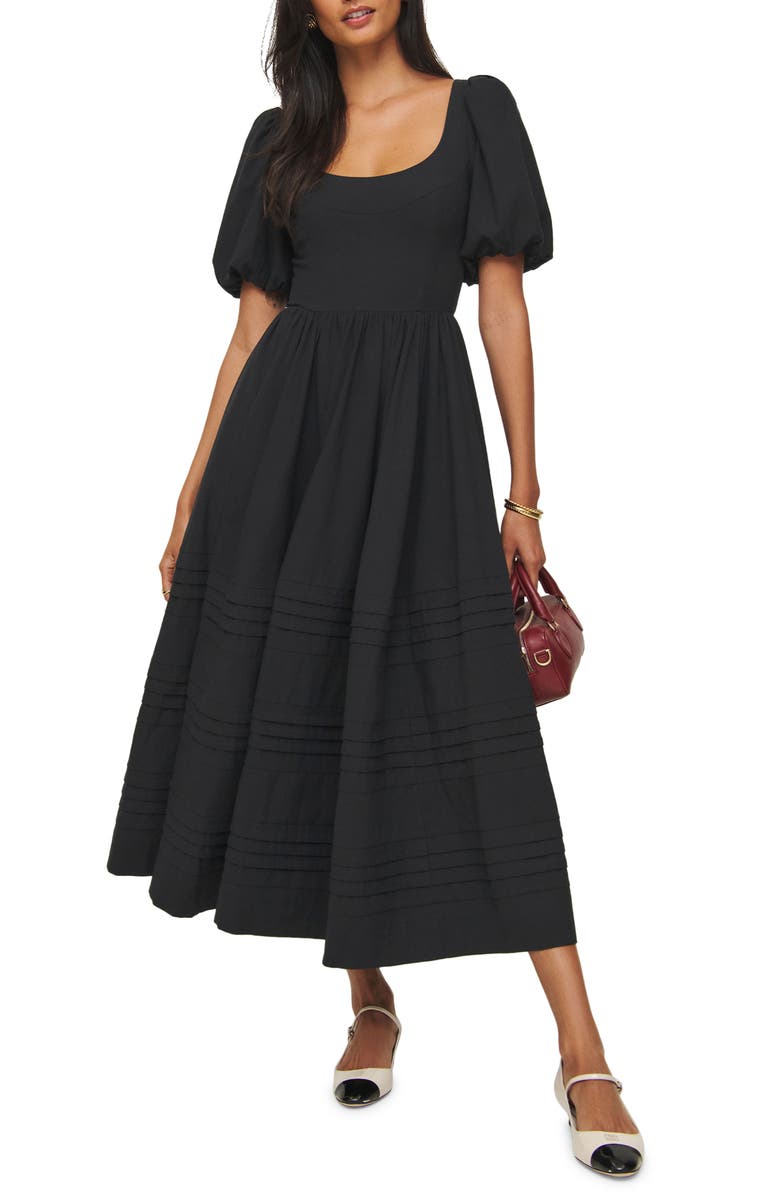 Reformation Everlyn Puff Sleeve Stretch Organic Cotton Maxi Dress, Main, color, Black