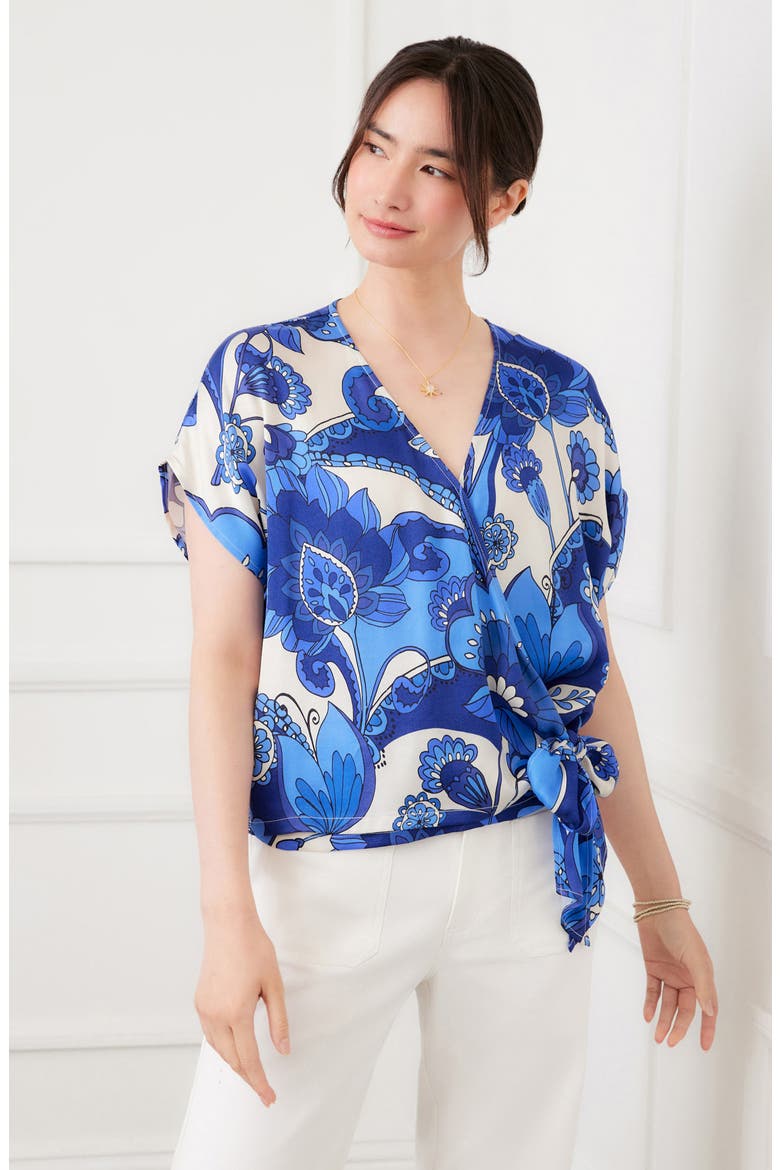 Blouson Side Tie Satin Wrap Top, Alternate, color, BLUE PRINT