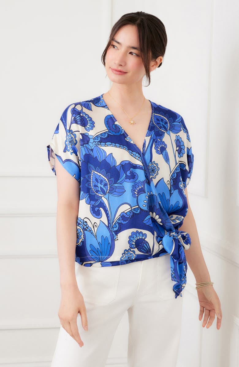 Karen Kane Blouson Side Tie Satin Wrap Top, Alternate, color, Blue Print