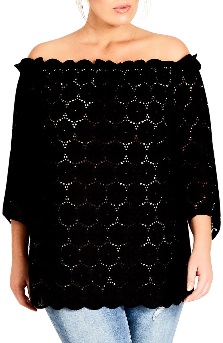 City Chic Swiss Affair Lace Off the Shoulder Top, Main, color,