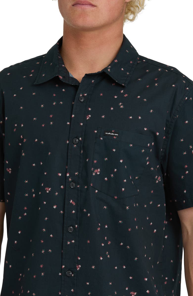 Quiksilver Ditsy Blossom Floral Classic Short Sleeve Cotton Button-Up Shirt, Alternate, color, Anthracite